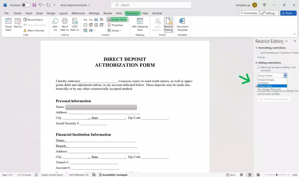 Convert word document to fillable form