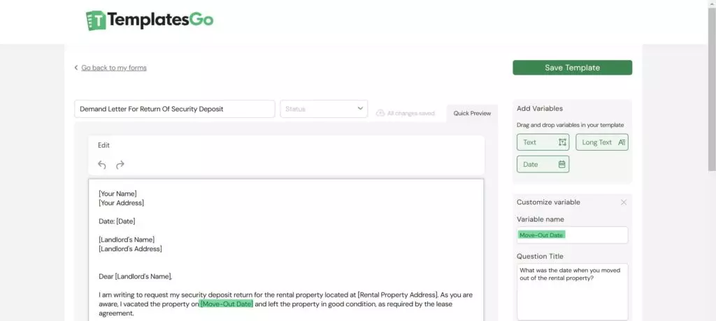 TemplatesGo editor Fillable document