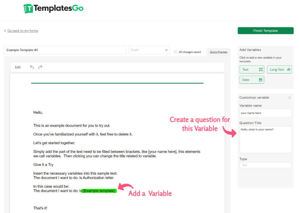 Variable and fillable form template's defination