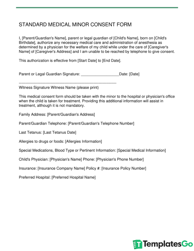 Standard Medical Consent Form For a Minor template to edit directly