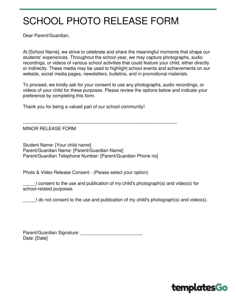 School photo release form standard template to use