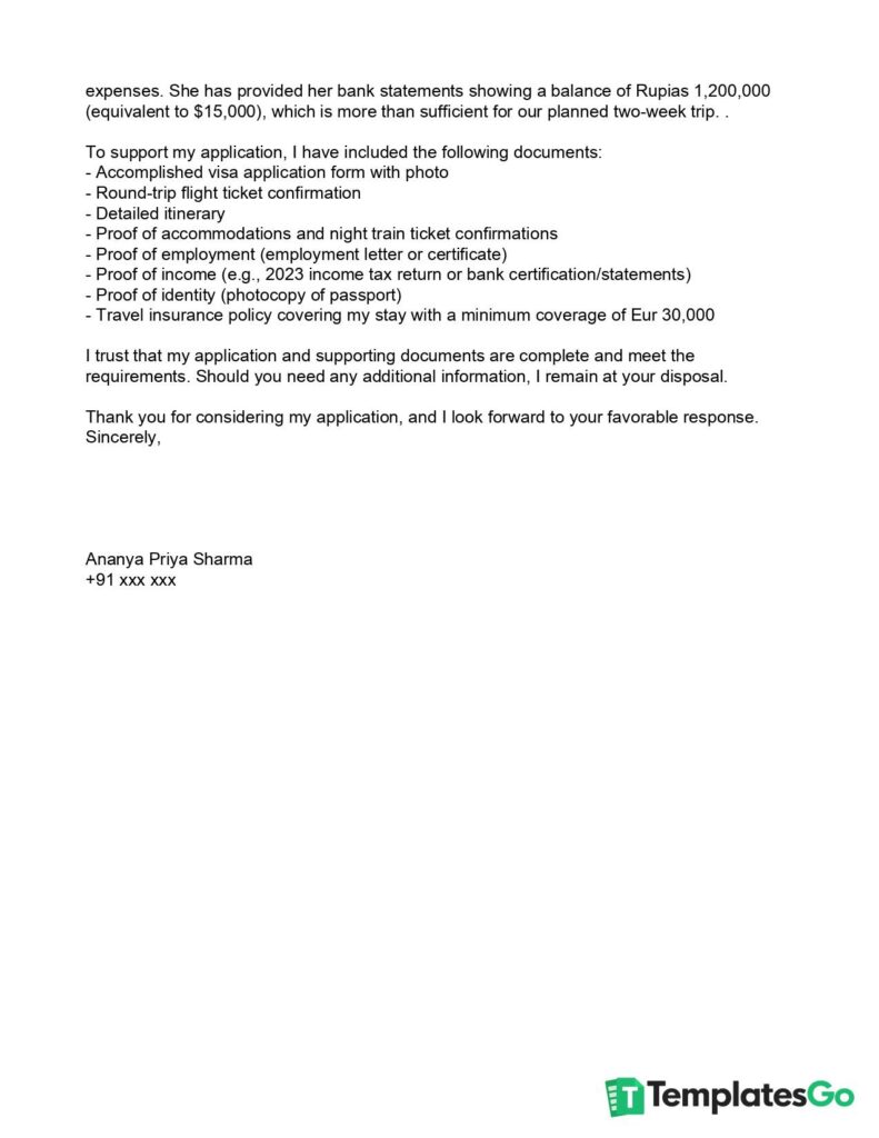 Cover letter for schengen visa from india sample (Second Page)